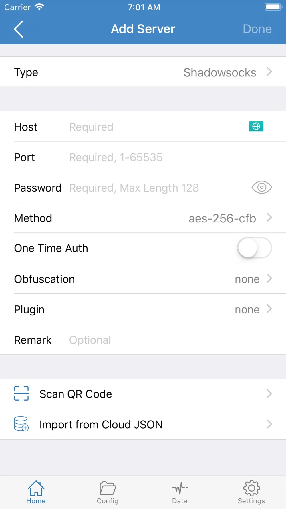 Shadowrocket 添加服务器配置界面：Shadowsocks 协议表单，含主机、端口、密码、加密方式等输入项