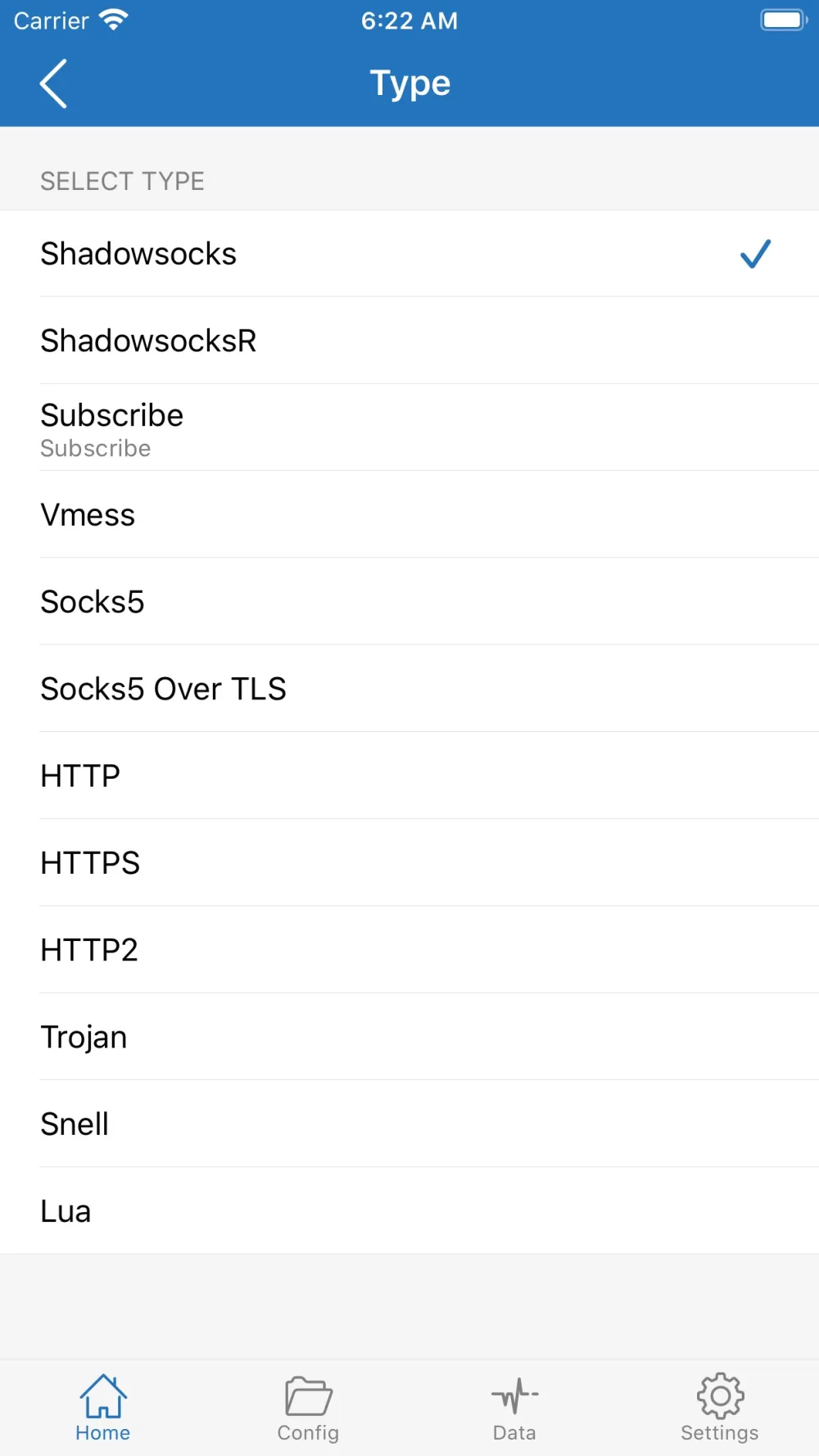 Shadowrocket 协议类型选择界面:列出 ShadowSocks、Vmess、Trojan、Snell 等 12 种代理协议,当前选中 ShadowSocks