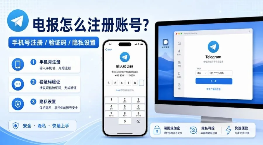 Telegram 注册流程：手机号注册、验证码验证、隐私设置三步